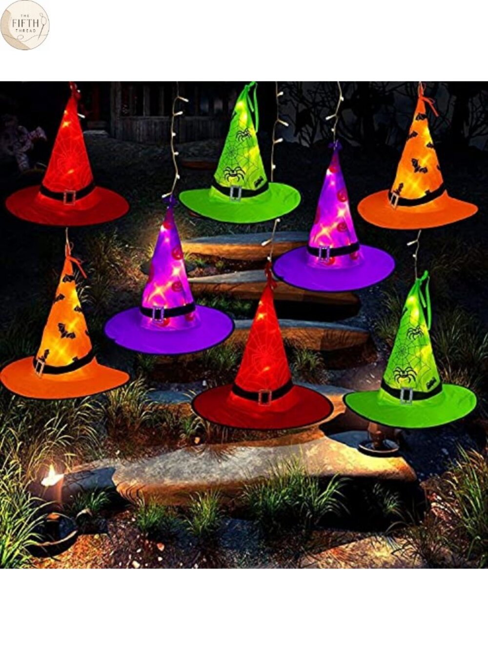 Halloween 8PC Lighted Witch Hats 44Ft 104 LED String Lights Waterproof Timer